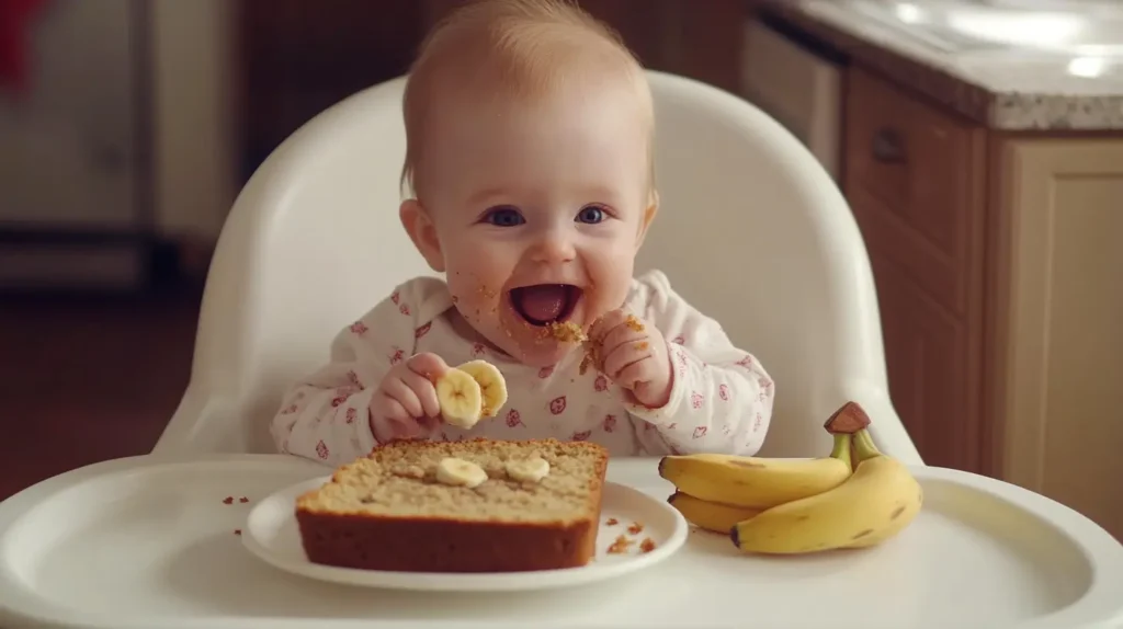 baby eating banan bread