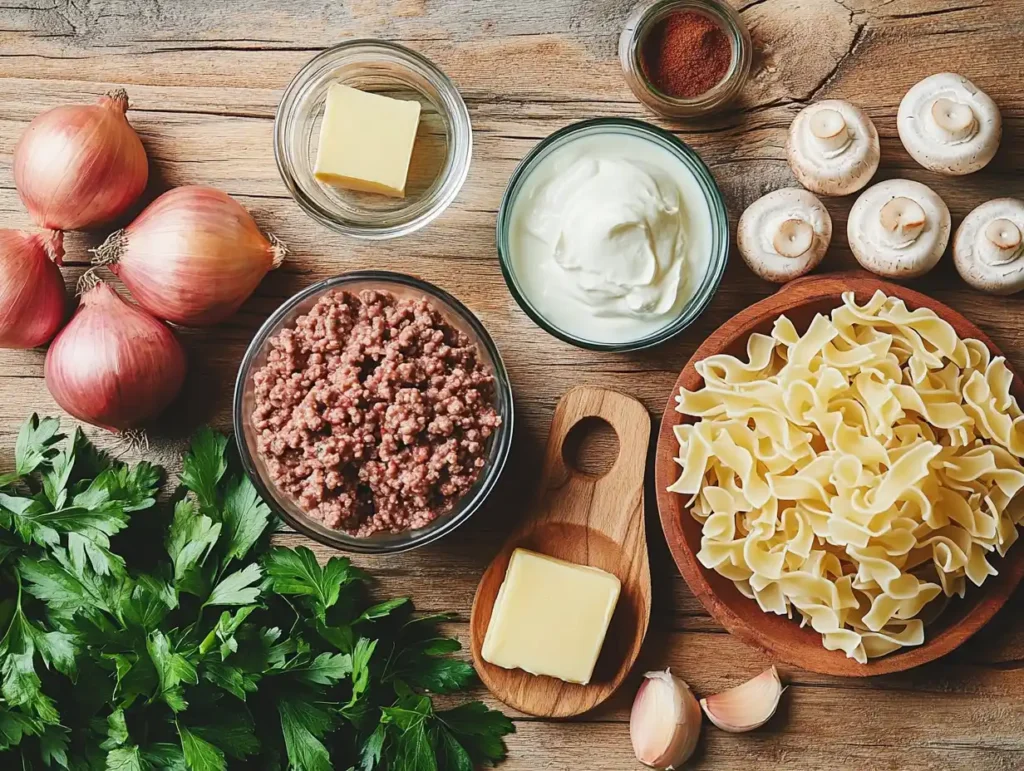 Ground Beef Stroganoff ingredients