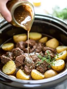 Slow Cooker Garlic Butter Beef Bites & Potatoes step1