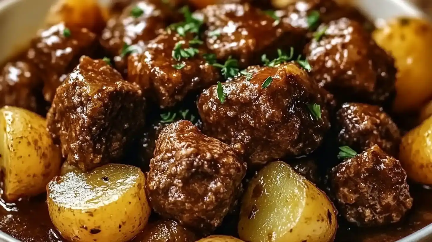 Slow Cooker Garlic Butter Beef Bites & Potatoes