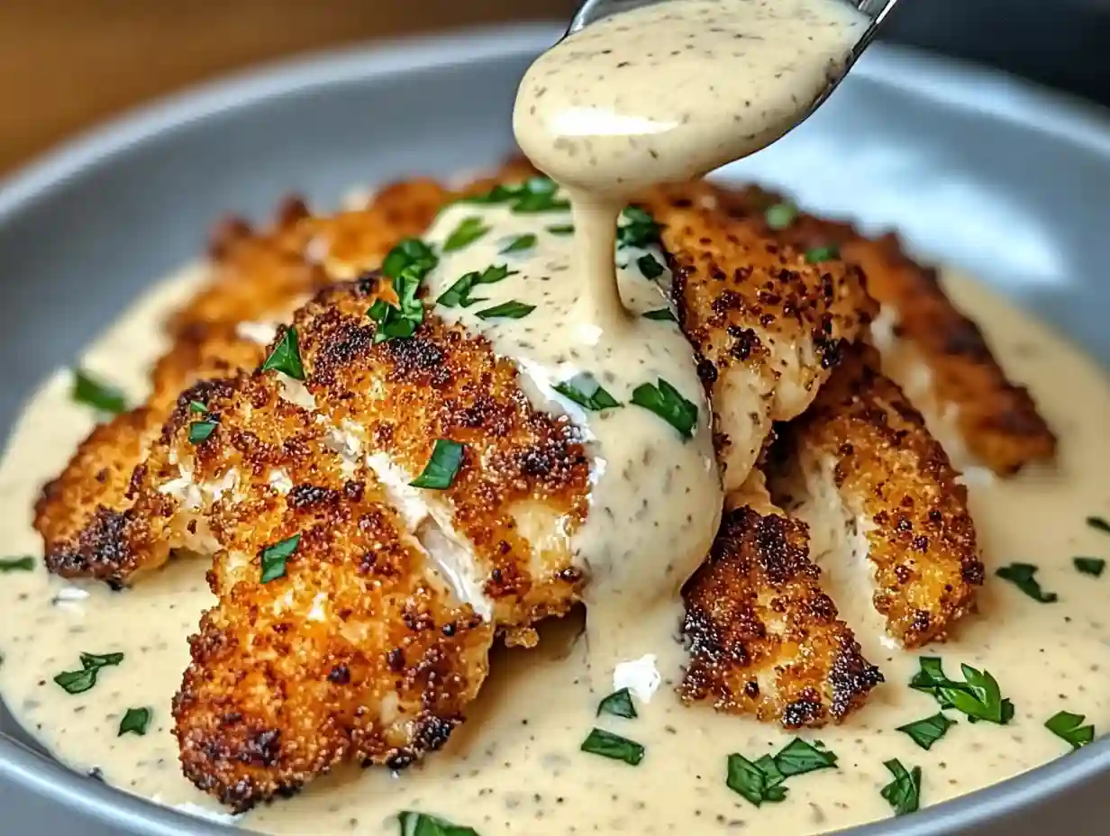 Parmesan Crusted Chicken with Creamy Garlic Sauce