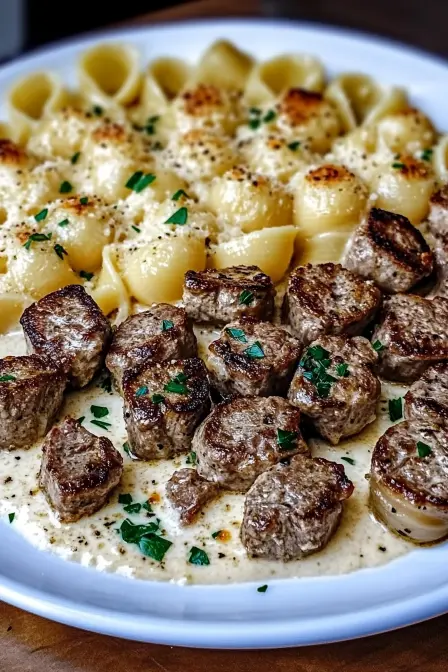 Creamy Parmesan Shells with Garlic Butter Steak Bites Recipe