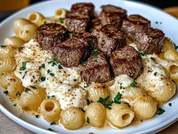 Creamy Parmesan Shells with Garlic Butter Steak Bites Recipe