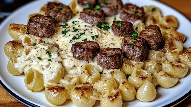 Creamy Parmesan Shells with Garlic Butter Steak Bites Recipe