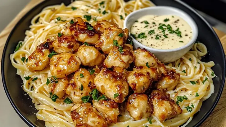 Lemon garlic butter chicken served with creamy parmesan linguine