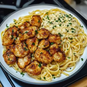 Lemon garlic butter chicken served with creamy parmesan linguine
