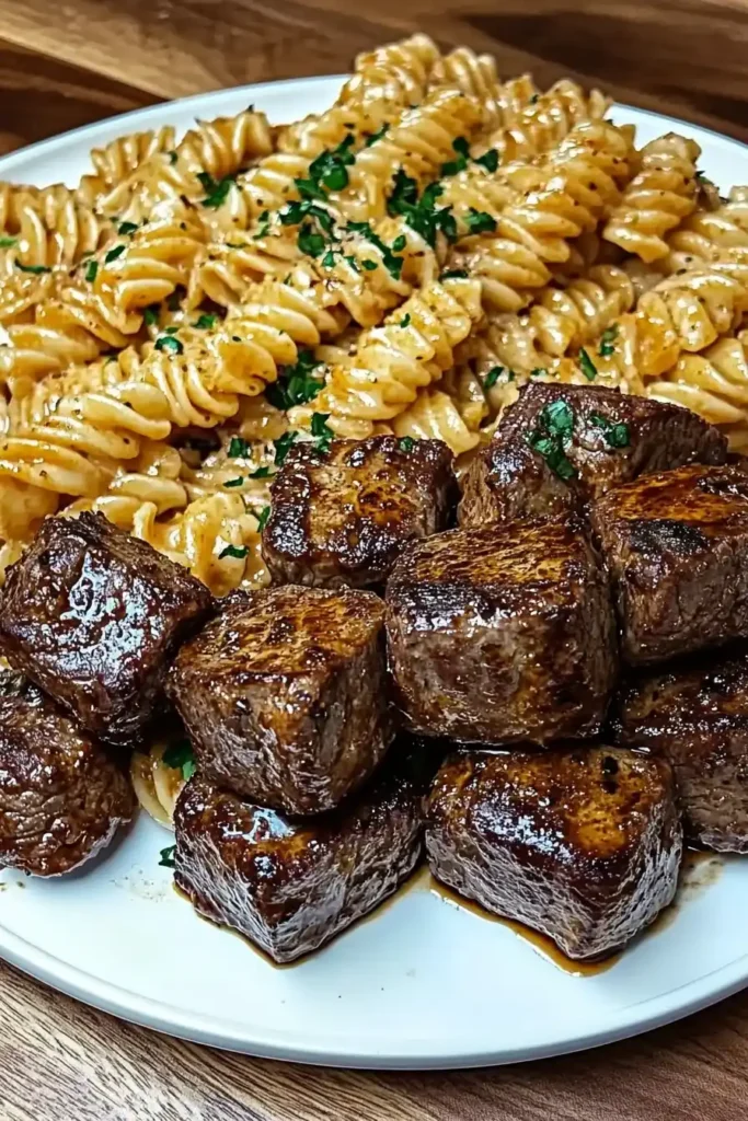 Garlic Butter Steak Bites & Spicy Cajun Alfredo Twisted Pasta