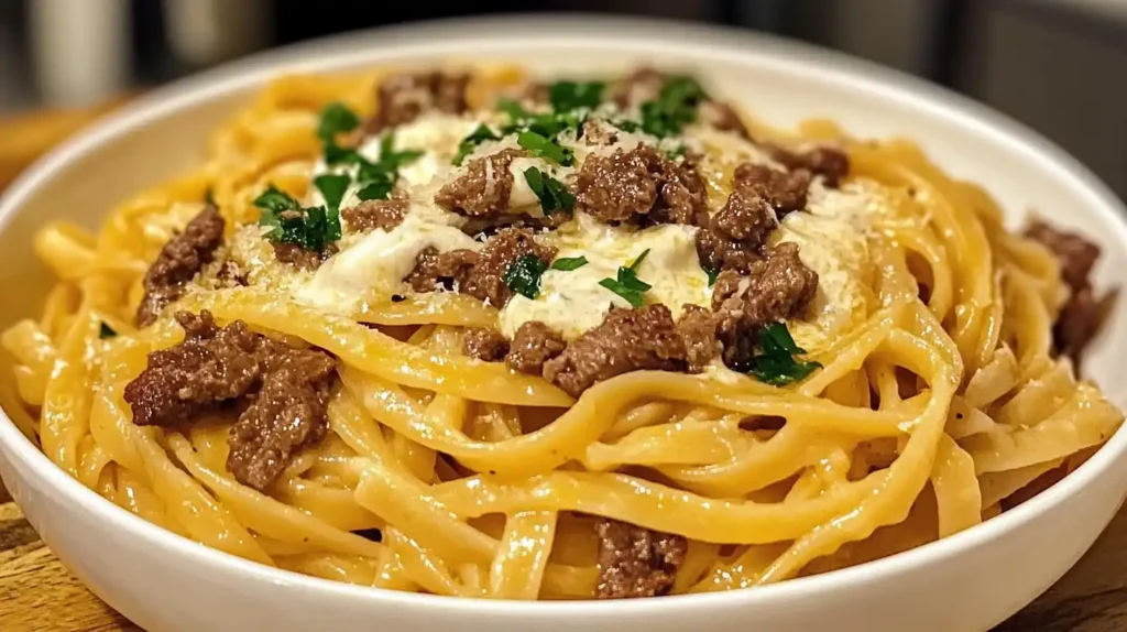 Savory Beef and Garlic Butter Linguine in Parmesan Cream