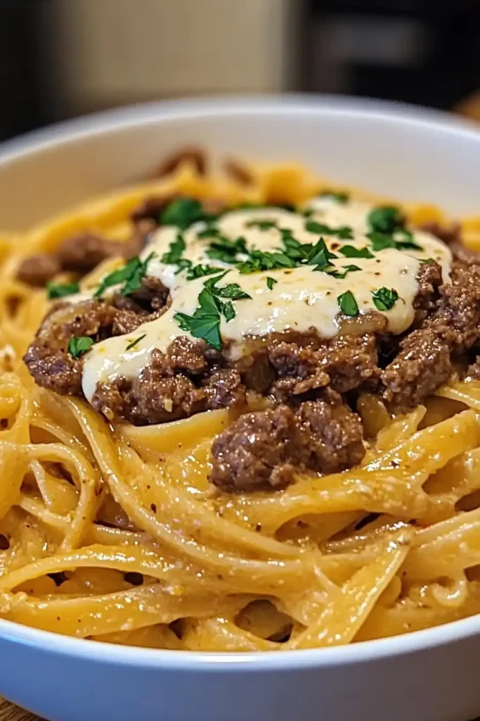 Savory Beef and Garlic Butter Linguine in Parmesan Cream