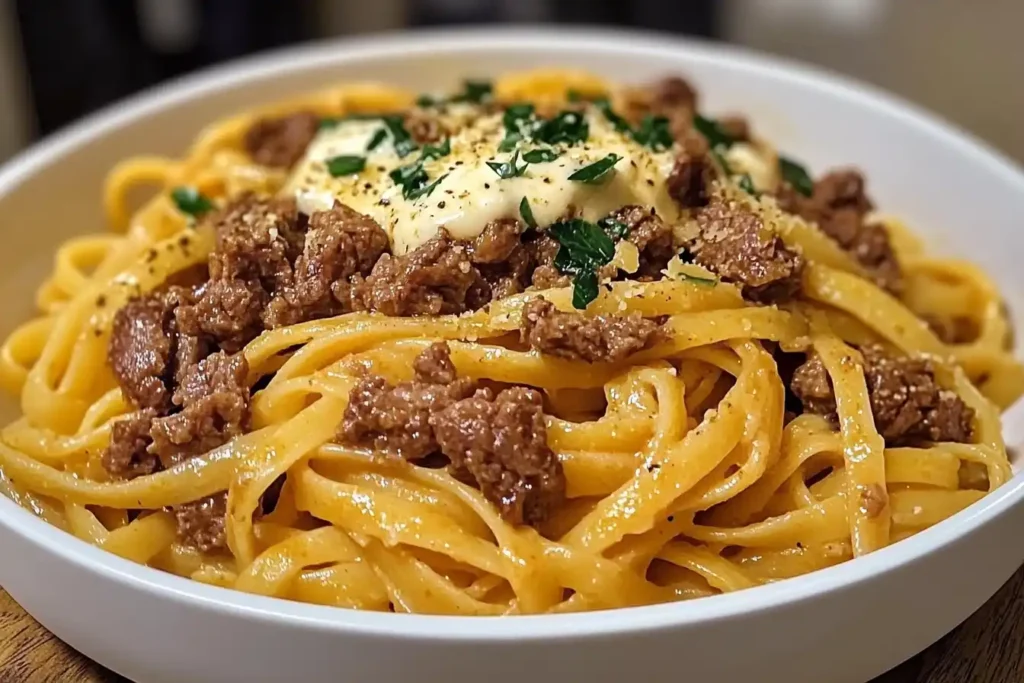 Savory Beef and Garlic Butter Linguine in Parmesan Cream