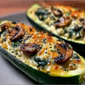 Spinach, Mushroom, and Ricotta Stuffed Zucchini Bake