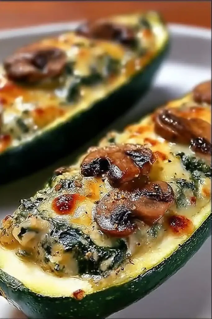Spinach, Mushroom, and Ricotta Stuffed Zucchini Bake