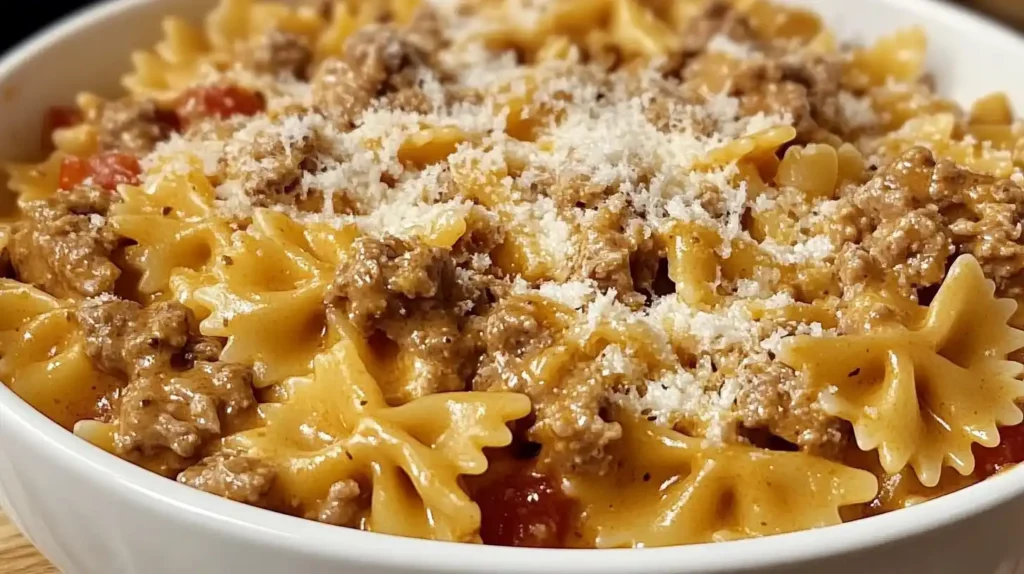 A bowl of creamy Velveeta beef pasta with bowtie noodles, topped with melted cheese and ground beef in a rich tomato cheese sauce.