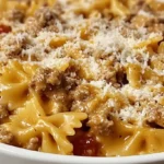 A bowl of creamy Velveeta beef pasta with bowtie noodles, topped with melted cheese and ground beef in a rich tomato cheese sauce.