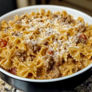 A bowl of creamy Velveeta beef pasta with bowtie noodles, topped with melted cheese and ground beef in a rich tomato cheese sauce.