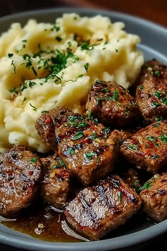 Garlic Butter Beef Bites with Creamy Mashed Potatoes