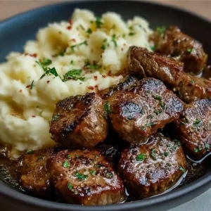 Garlic Butter Beef Bites with Creamy Mashed Potatoes
