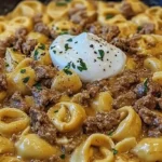 A skillet filled with creamy beef stroganoff tortellini topped with sour cream and parsley