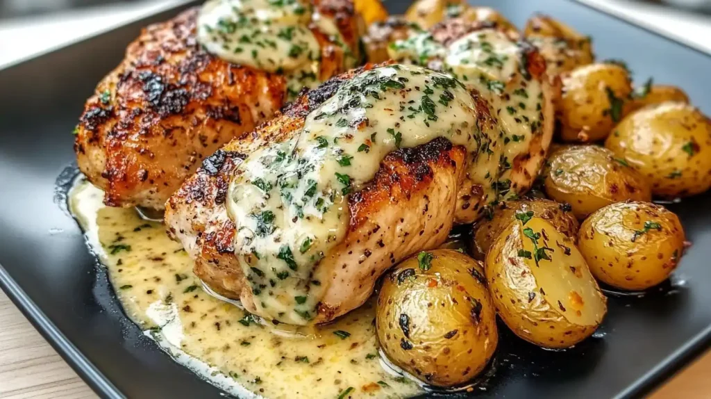 Creamy Garlic Chicken with Roasted Baby Potatoes