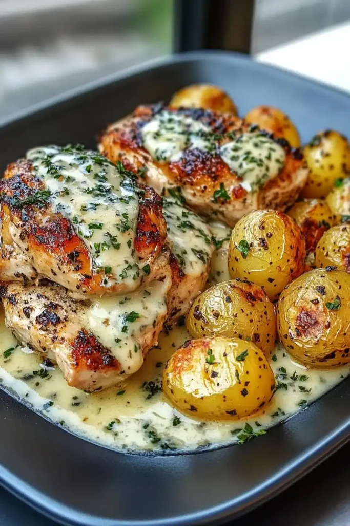 Creamy Garlic Chicken with Roasted Baby Potatoes