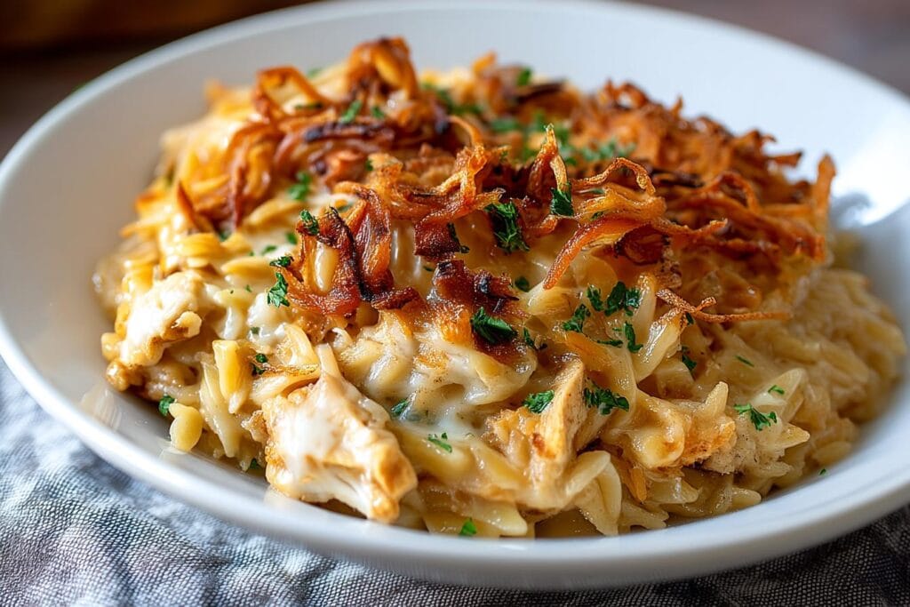 French Onion Chicken Orzo Casserole