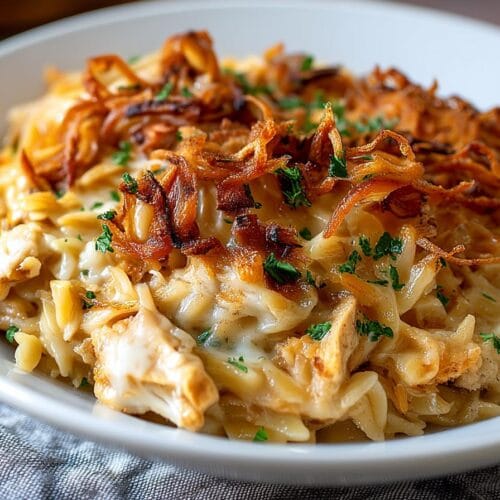 French Onion Chicken Orzo Casserole
