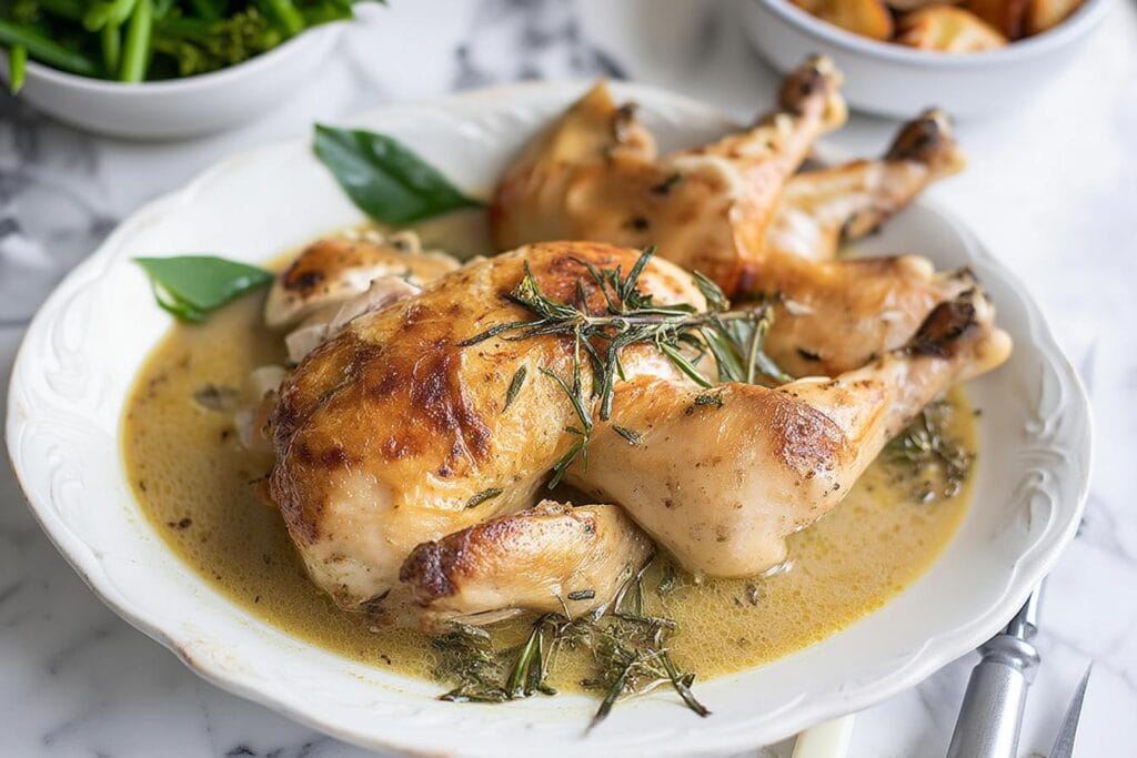 roast chicken with wine, herbs and garlic
