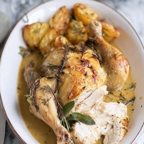 roast chicken with wine, herbs and garlic