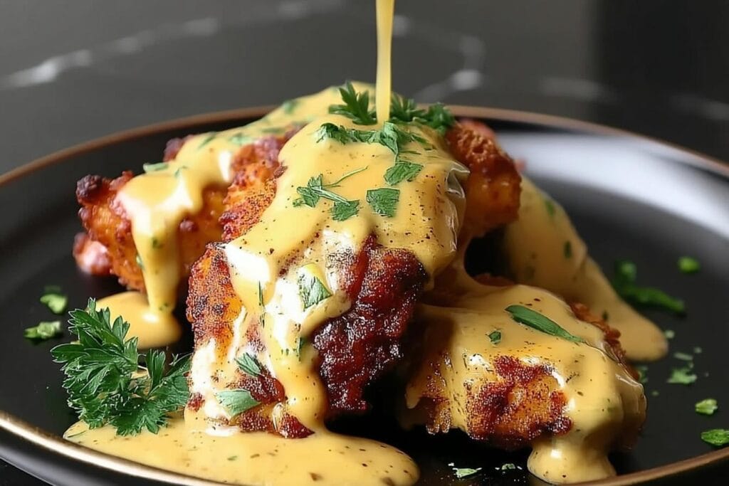 Pretzel Chicken with Mustard-Cheddar Sauce