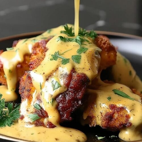 Pretzel Chicken with Mustard-Cheddar Sauce