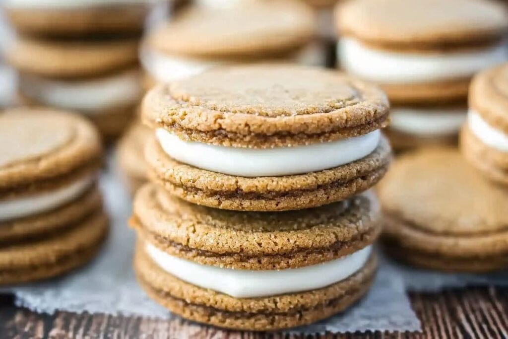 Ginger Molasses Sandwich Cookies with Eggnog Frosting