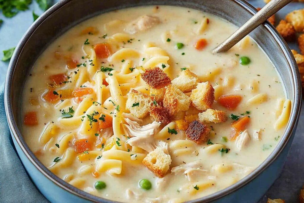 Creamy chicken noodle soup with mini croutons