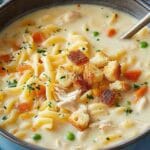 Creamy chicken noodle soup with mini croutons