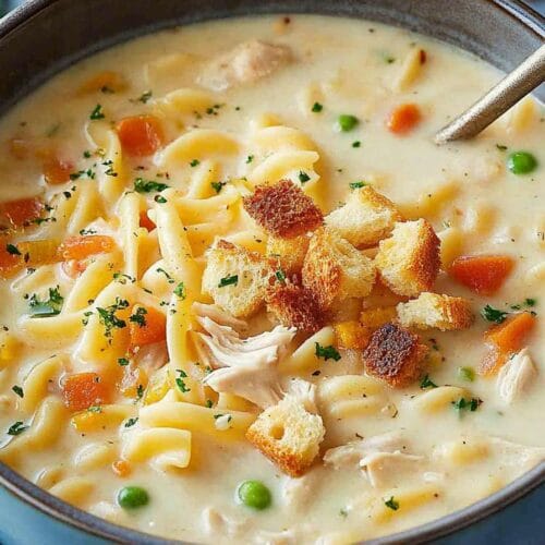Creamy chicken noodle soup with mini croutons