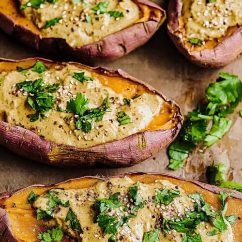 Baked Japanese Sweet Potatoes with Miso Tahini Butter