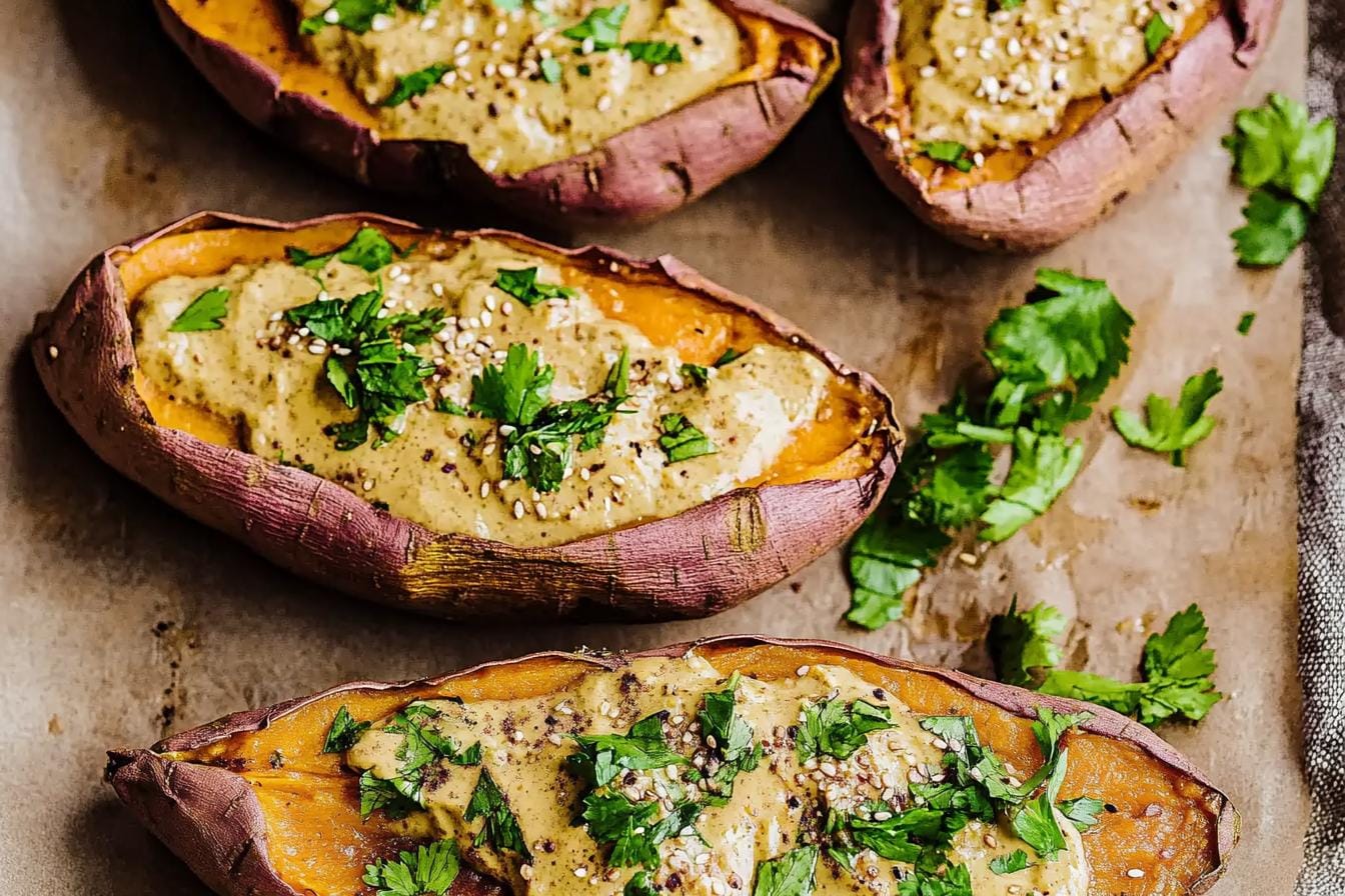 Baked Japanese Sweet Potatoes with Miso Tahini Butter