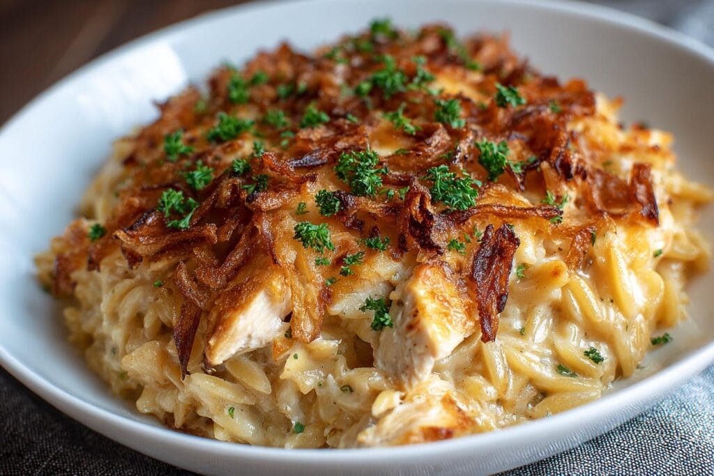 French Onion Chicken Orzo Casserole