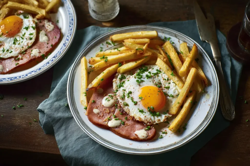 Air fryer gammon with fried eggs and garlic butter fries