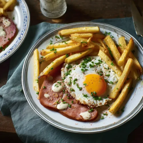 Air fryer gammon with fried eggs and garlic butter fries