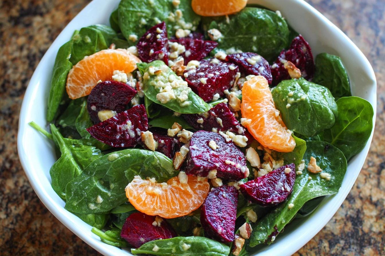 Beet Salad with Spinach and Honey-Mustard Lemon Dressing