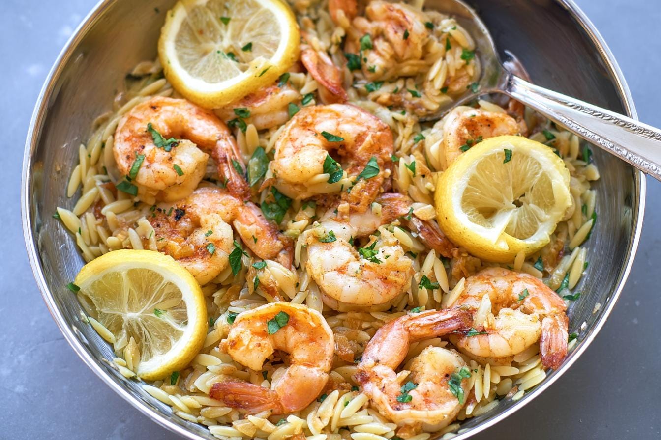 Lemon Garlic Shrimp with Orzo
