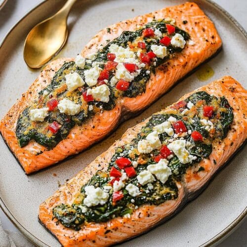 Healthy Baked Stuffed Salmon With Spinach & Feta