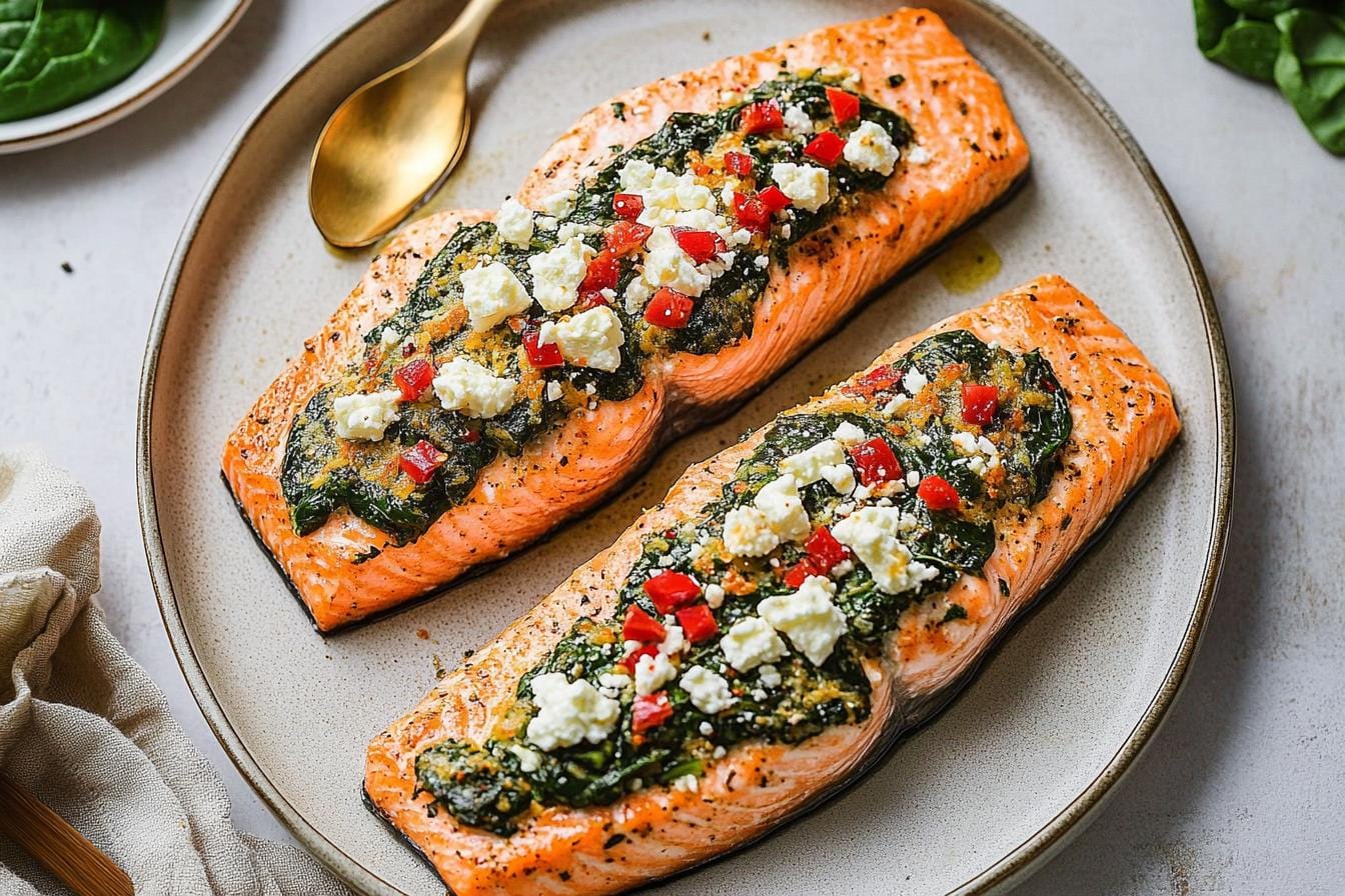 Healthy Baked Stuffed Salmon With Spinach & Feta