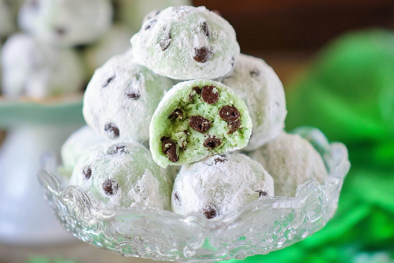 Mint Chocolate Chip Snowball Cookies