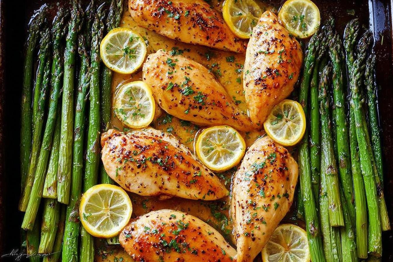 One Pan Honey Lemon Chicken and Asparagus spring dinner