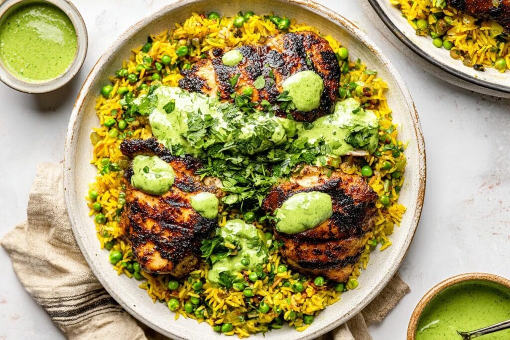 Peruvian Chicken and Rice with Green Sauce