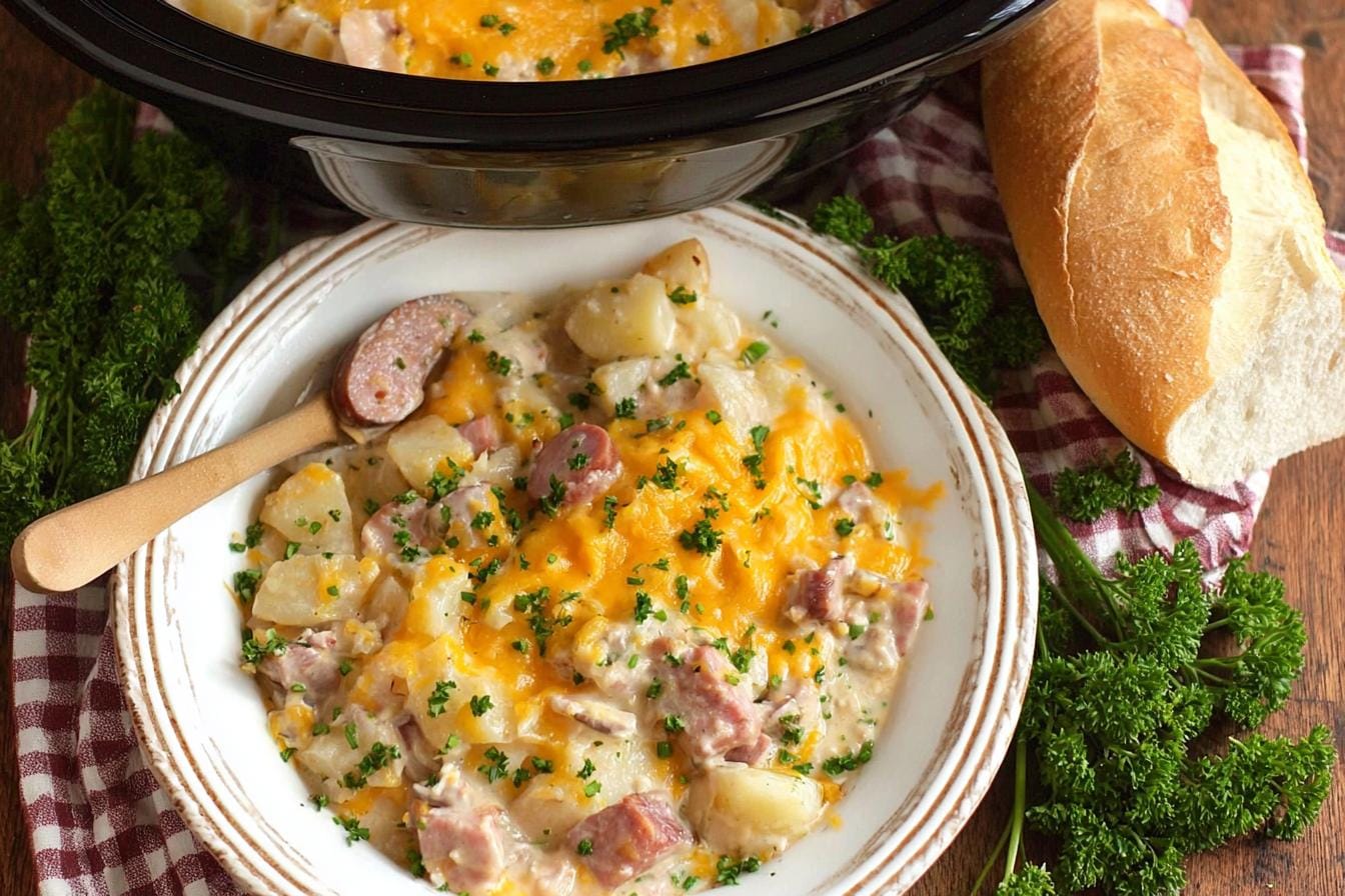 Crockpot Cheesy Potatoes with Kielbasa