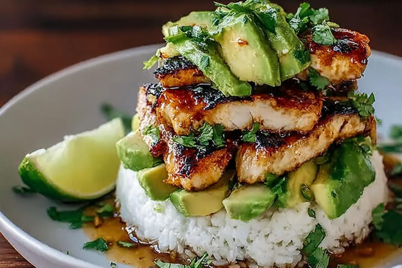 Delicious Honey Lime Chicken and Avocado Rice Stack Recipe
