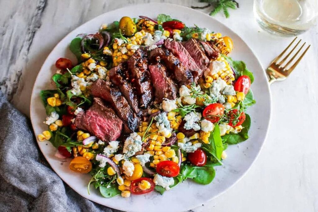 Spring Balsamic Steak Gorgonzola Salad with Grilled Corn