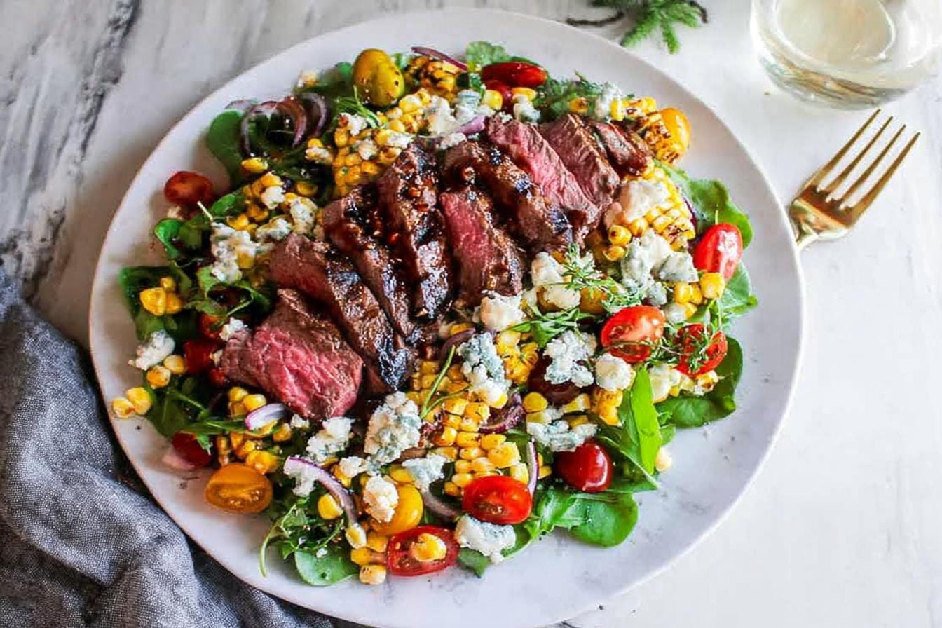 Spring Balsamic Steak Gorgonzola Salad with Grilled Corn